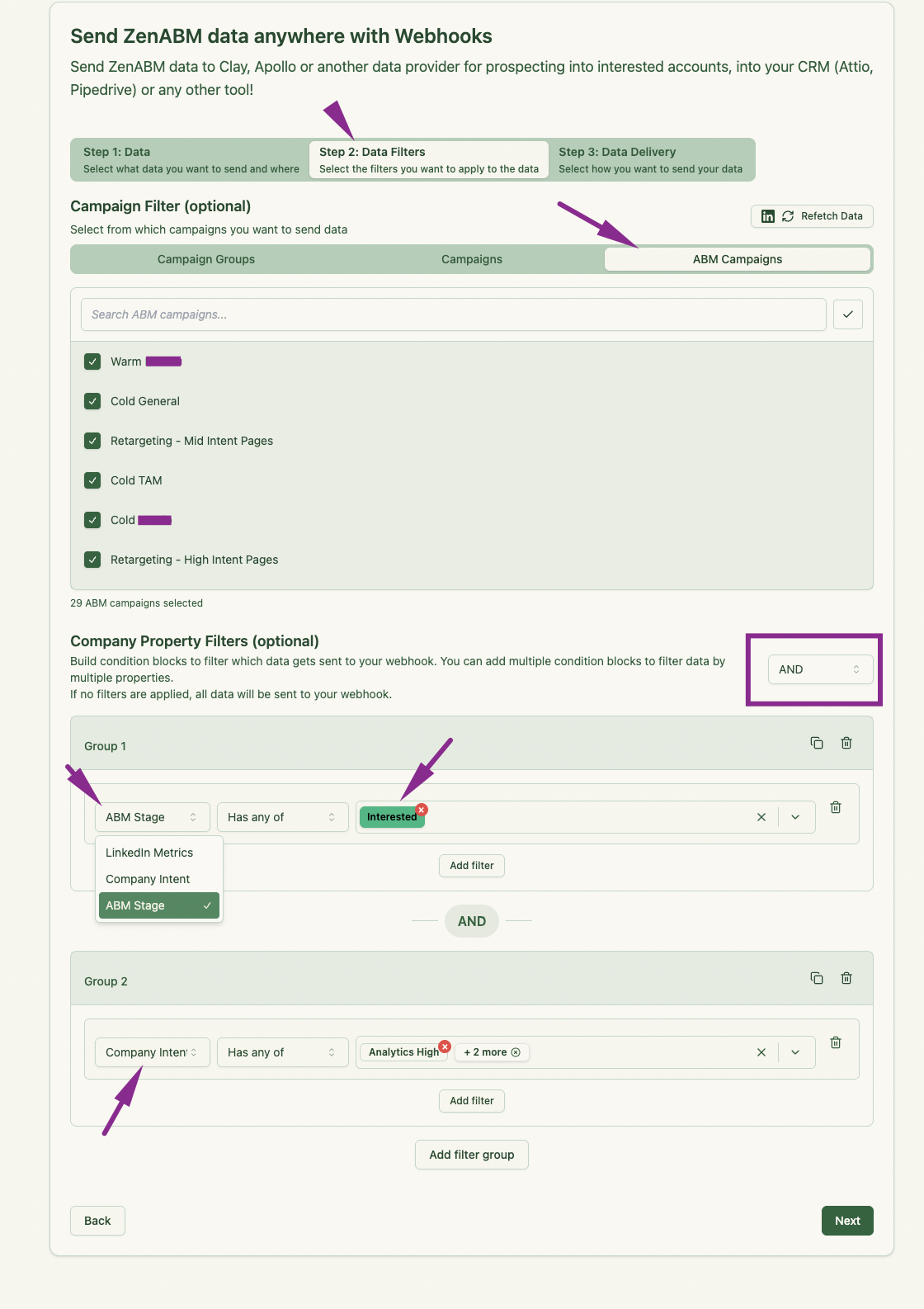 Step 2- ZenABM webhook to send abm interested companies with intents into Clay