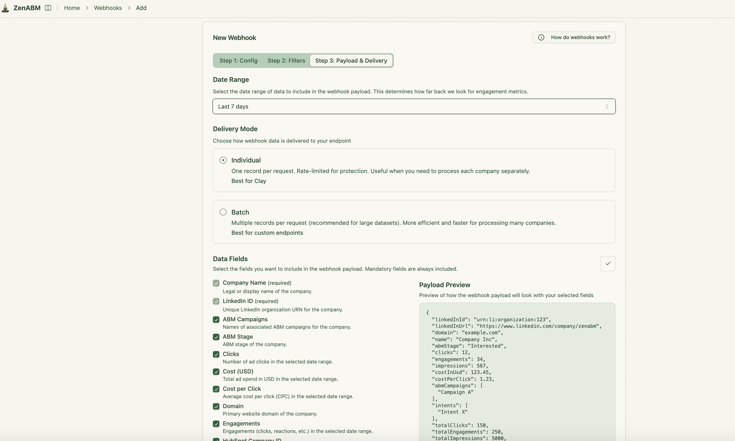 ZenABM webhook - Select webhook payload and delivery