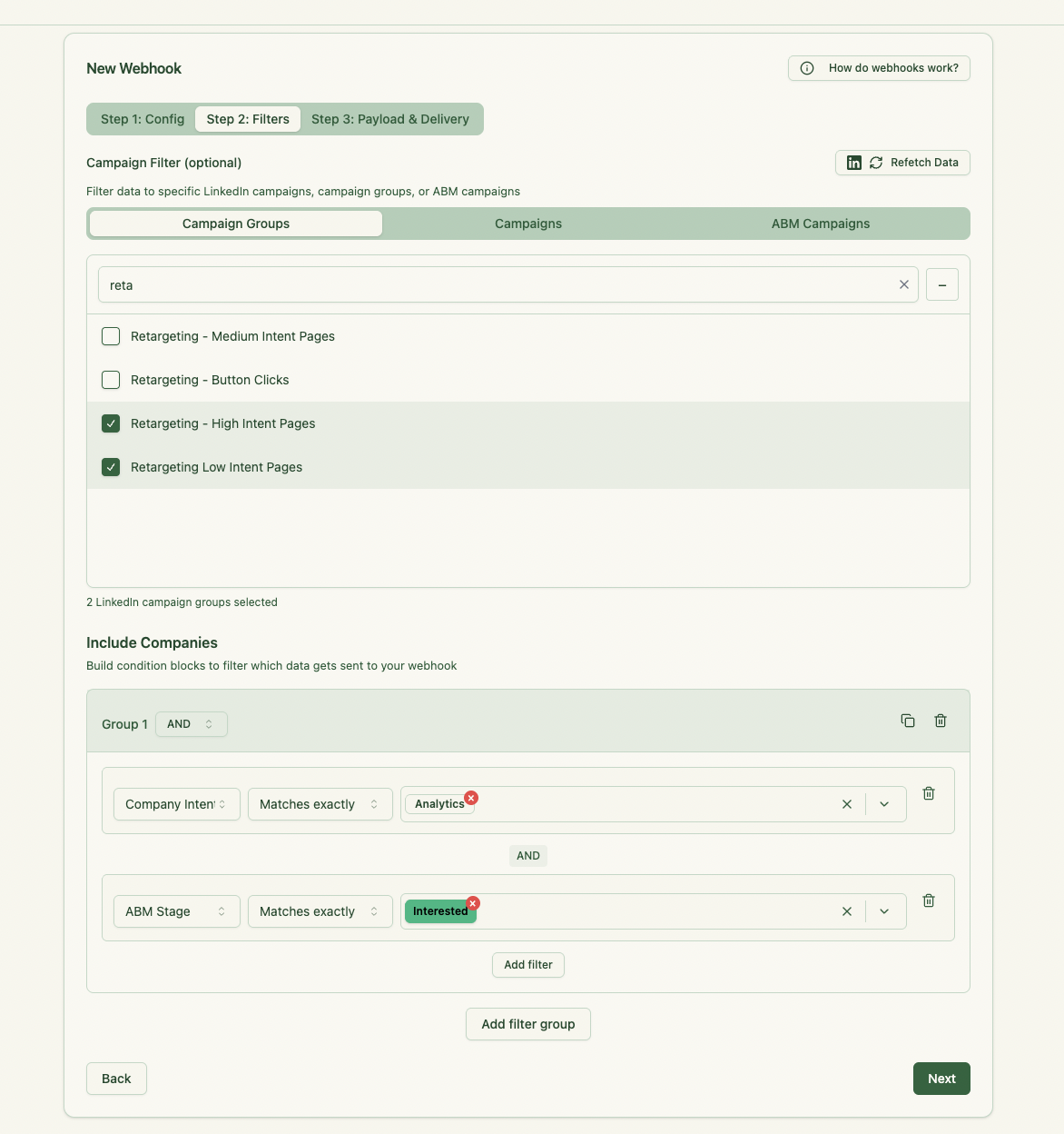 ZenABM webhook filters - step 2 - send interested and engaged companies into the CRM