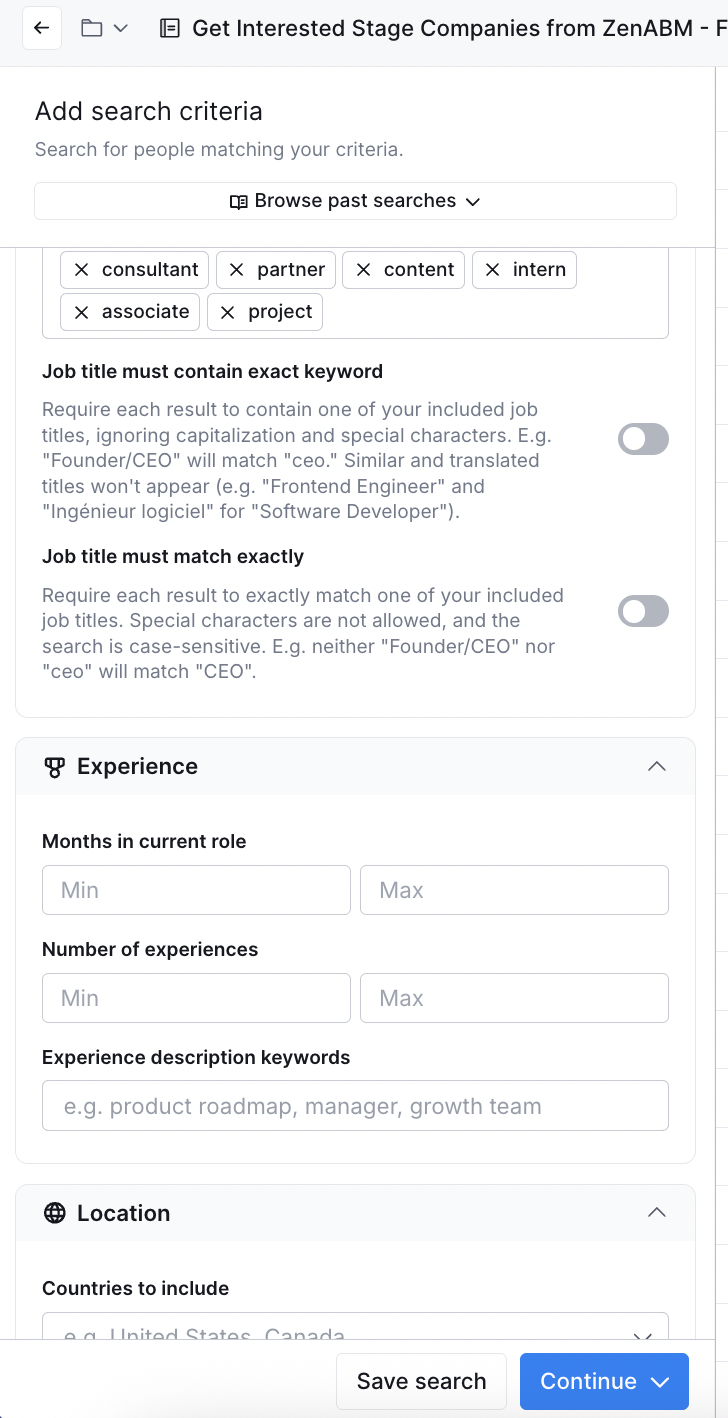 select experience and location in ICP finder in Clay